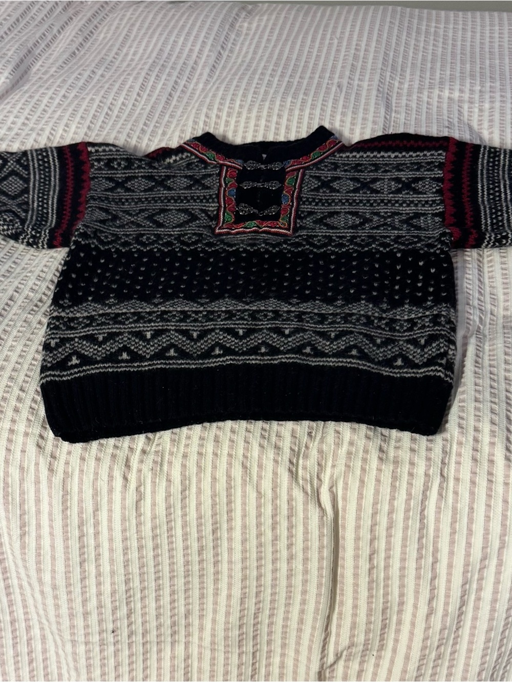 L.M. Norway Wool Sweater with Black, Gray & Red Detailing